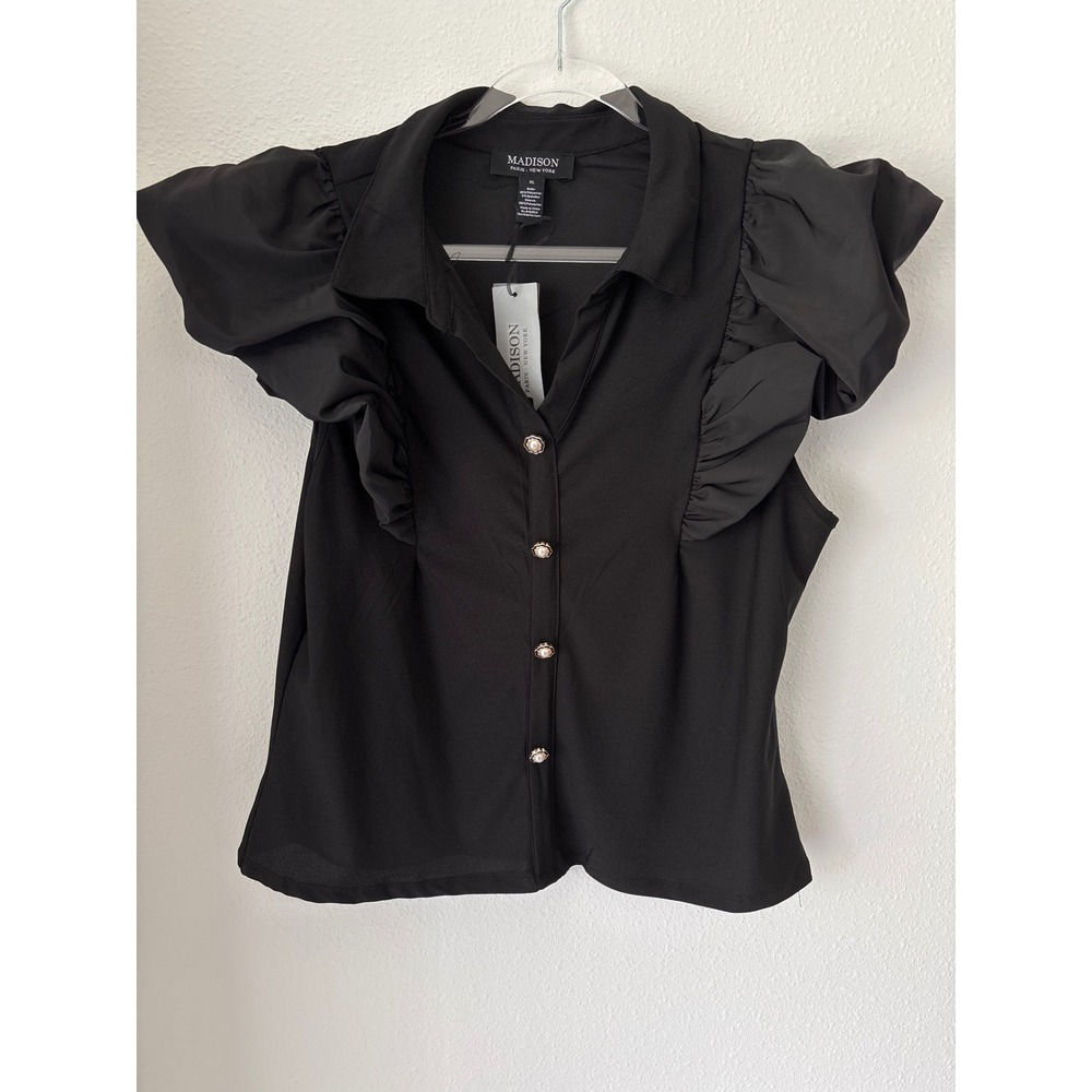 Pearl Button Black Ruffle Puff sleeve Blouse